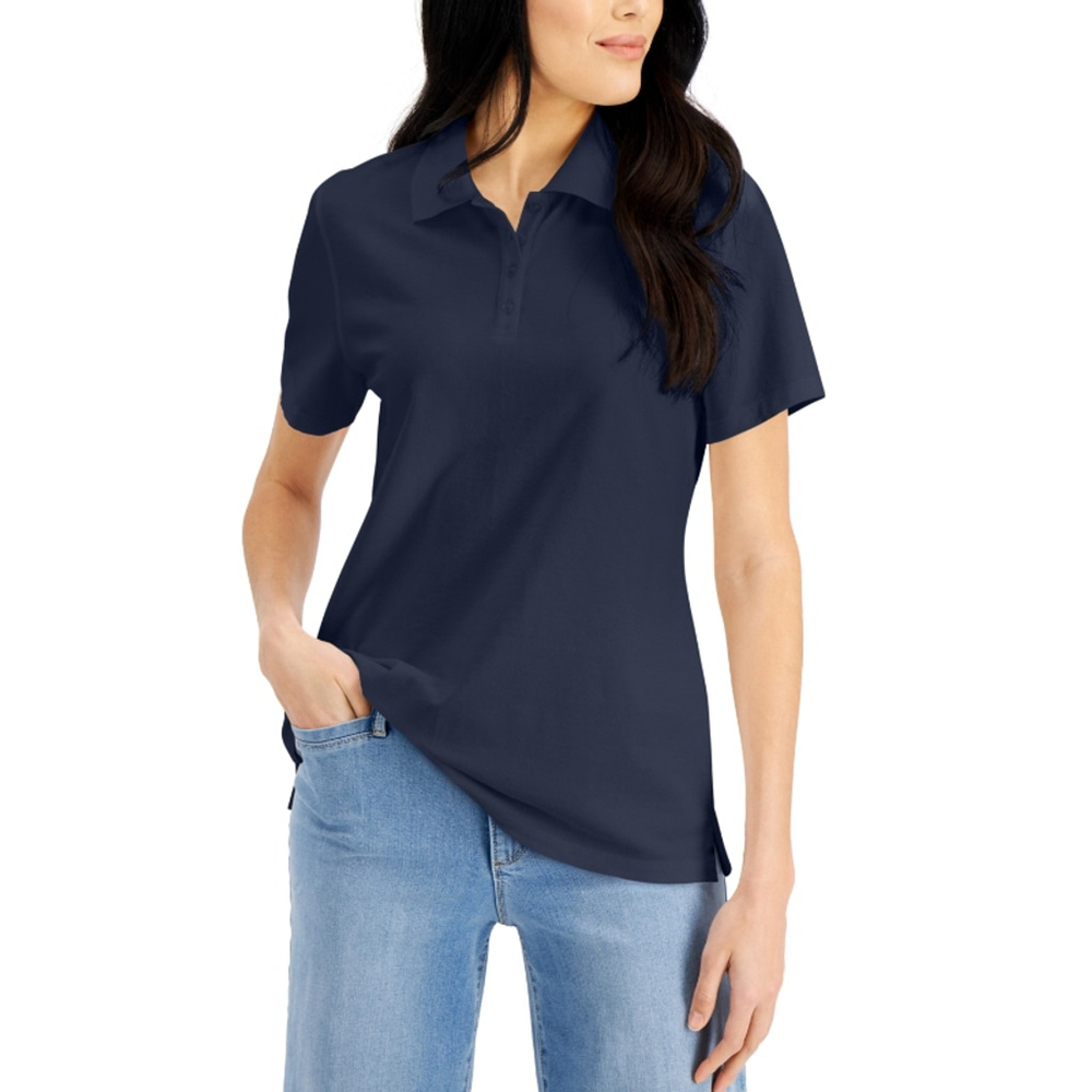 Karen Scott Women's Large Petite Navy Blue Knit Collared Cotton Polo Top NWT